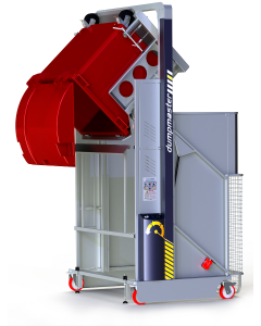 The MegaDumper is a heavy-duty industrial bin dumper for emptying large bins up to 1,323 lbs