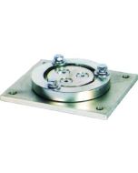Pivot base for power cable reel. Designed for use when cable reel is mounted to the ceiling, to provide increased range of motion.