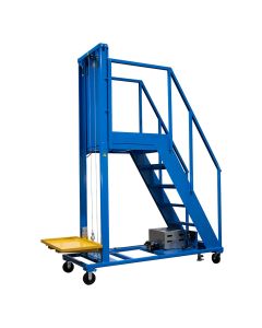 Combines a ladder, work platform, and material lift into a single unit for safely accessing high shelves