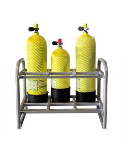 This gas cylinder stand is designed to hold a total of six cylinders (between 6" to 8" inches in diameter), elevating cylinders off the ground.